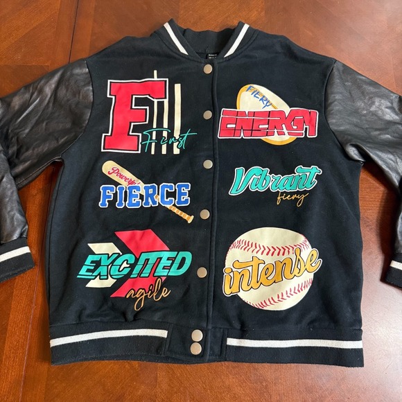 Black Varsity Letterman Jacket Faux Leather Sleeves Graphic Patch Small - Picture 2 of 10